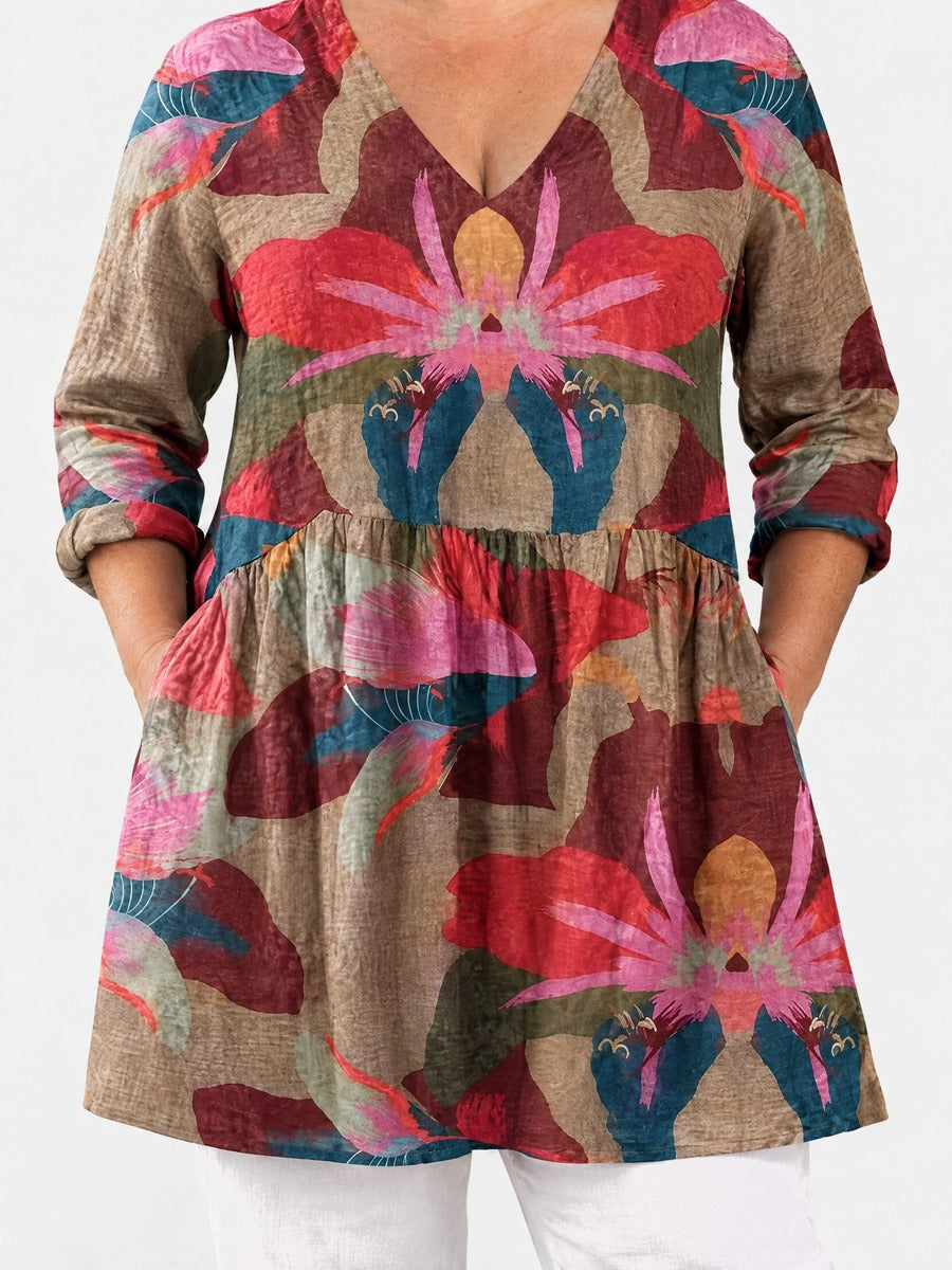 Cassidy long blouse front view on a plus-size model