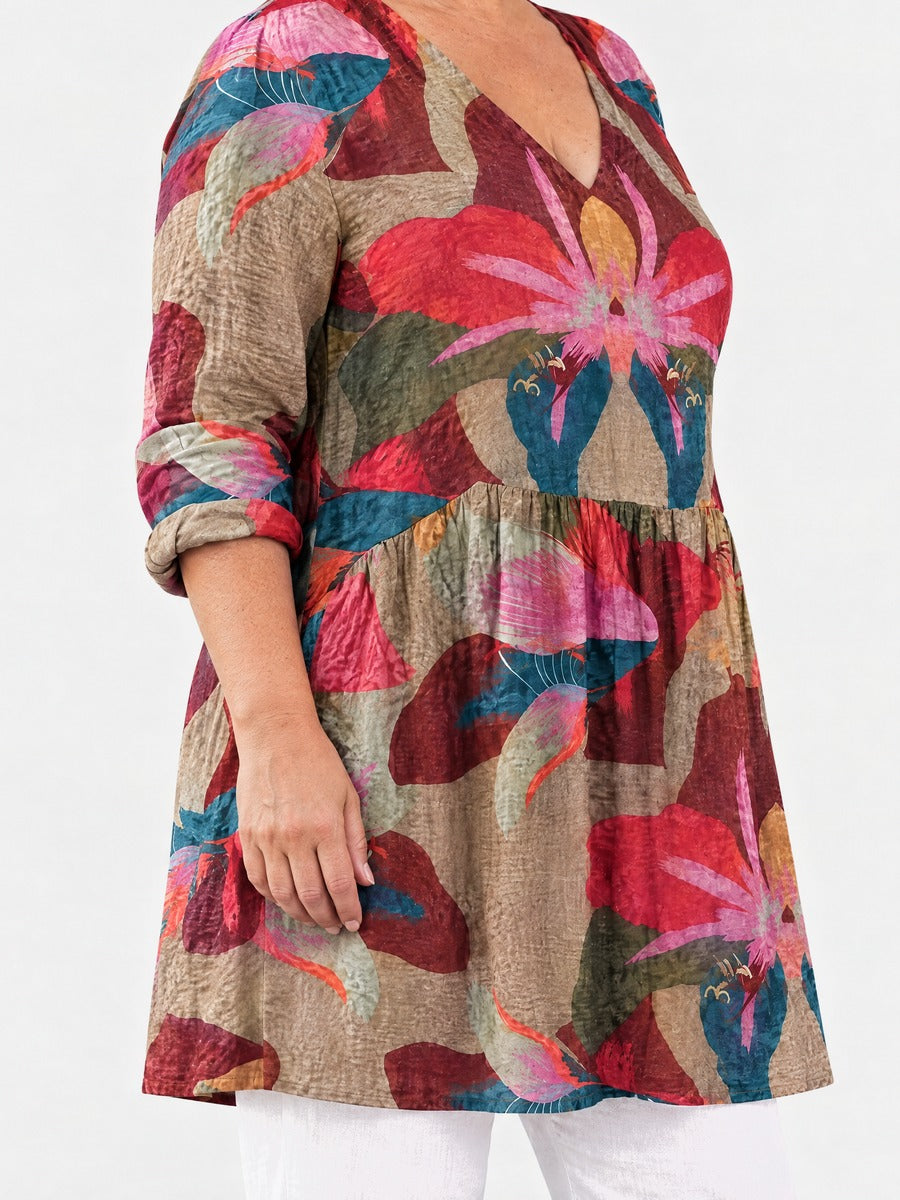 Cassidy long blouse side view on a plus-size model