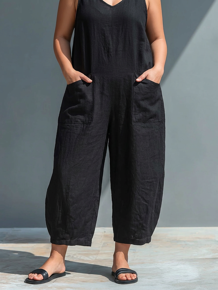 Sleeveless Minimalist Jumpsuit for Women with High Collar and Buttons