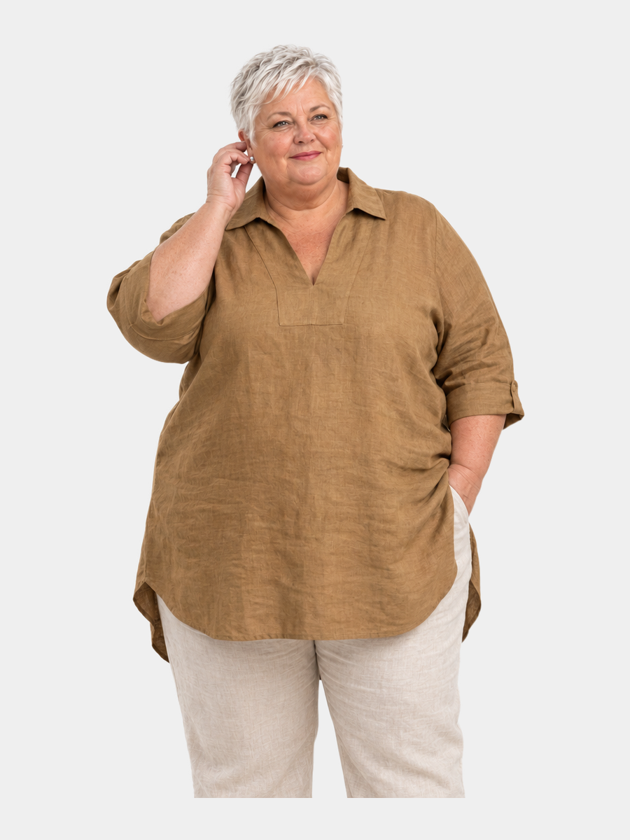 Makenna relaxed tunic worn by a plus-size model
