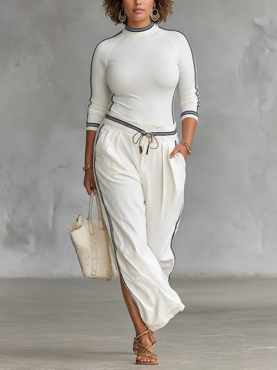 Women's Two-Piece Set: Long Sleeve Sporty T-Shirt with High Neck and Loose Pants with Drawstring