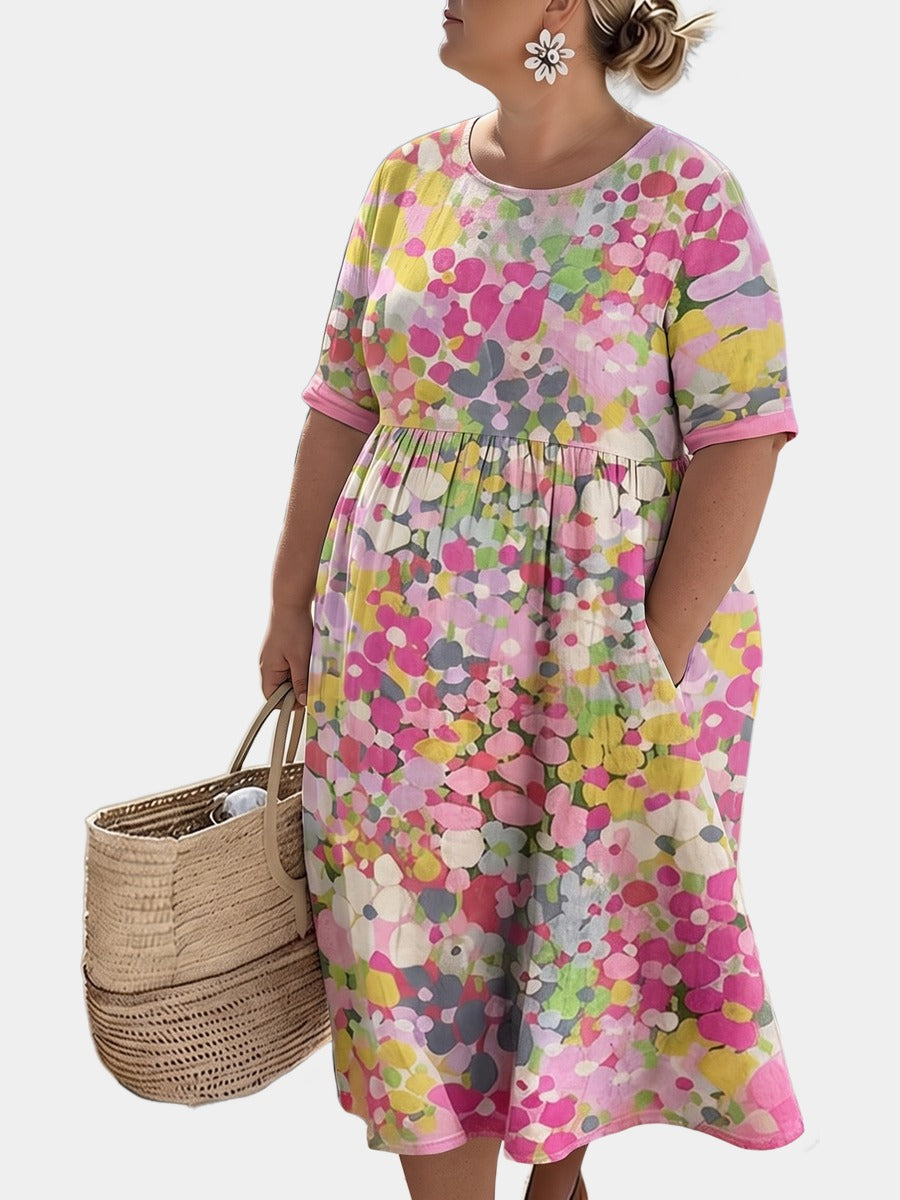 Elena painted floral midi dress on a plus-size model
