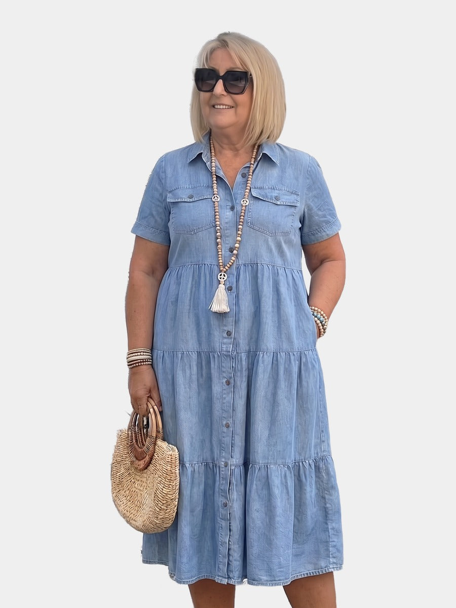 Elizabeth denim print shirt dress on a plus-size model