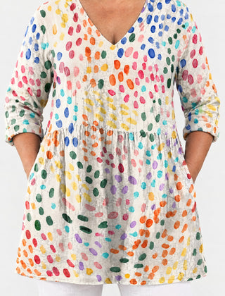 Everlee long blouse front view on a plus-size model