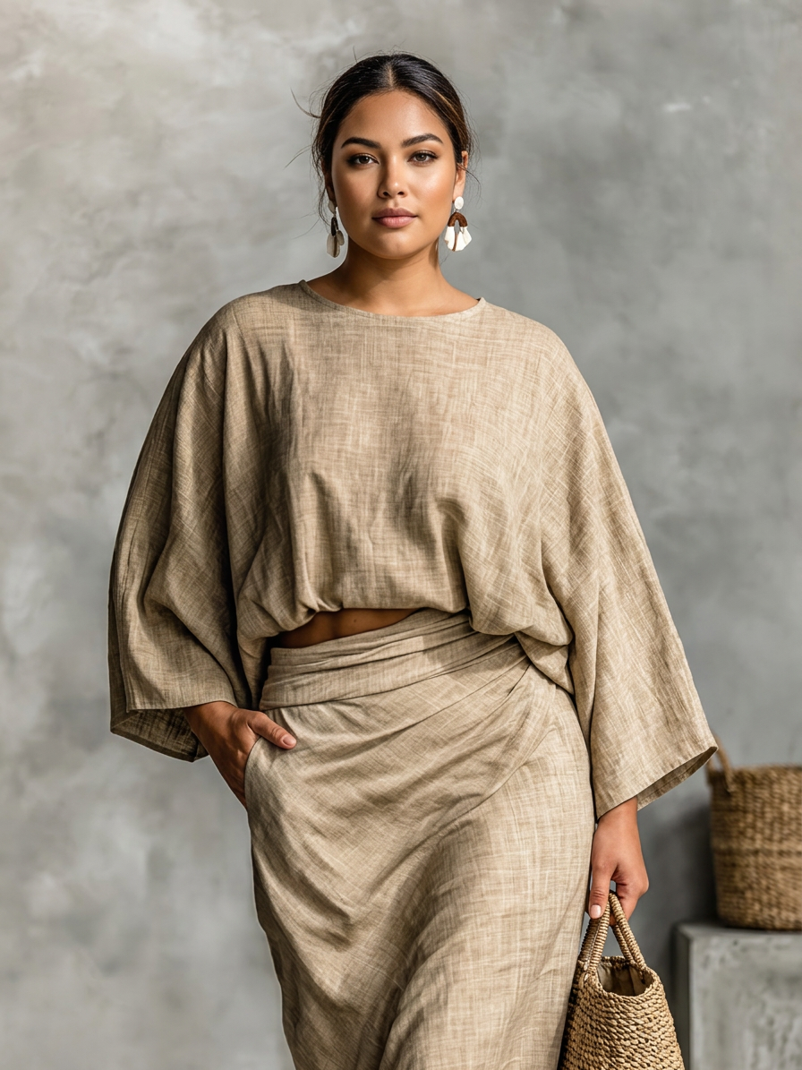 Two-piece set with long skirt and batwing sleeves