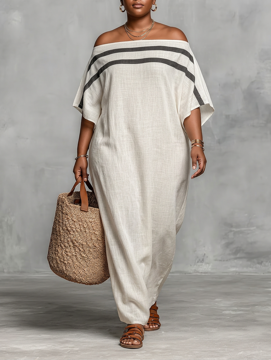 Minimalist Maxi Dress for Women with Off-the-Shoulder Neckline and Batwing Sleeves