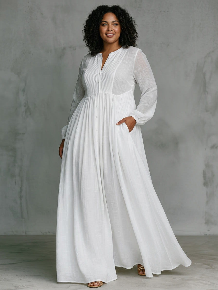 Elisa - Maxi Minimalist Dress with Patchwork, High Collar and Long Sleeves