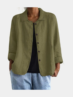 Open blouse in olive green with a point collar and hip pockets, worn over a black top