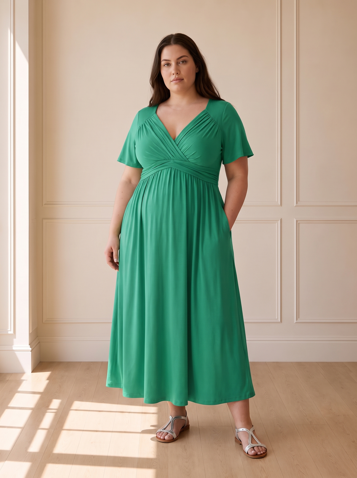 Isadora A-line midi dress in green, front view