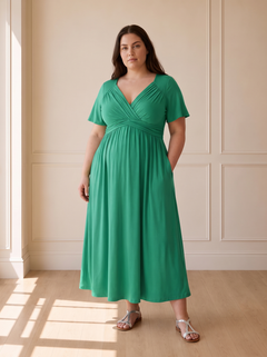Isadora A-line midi dress in green, front view