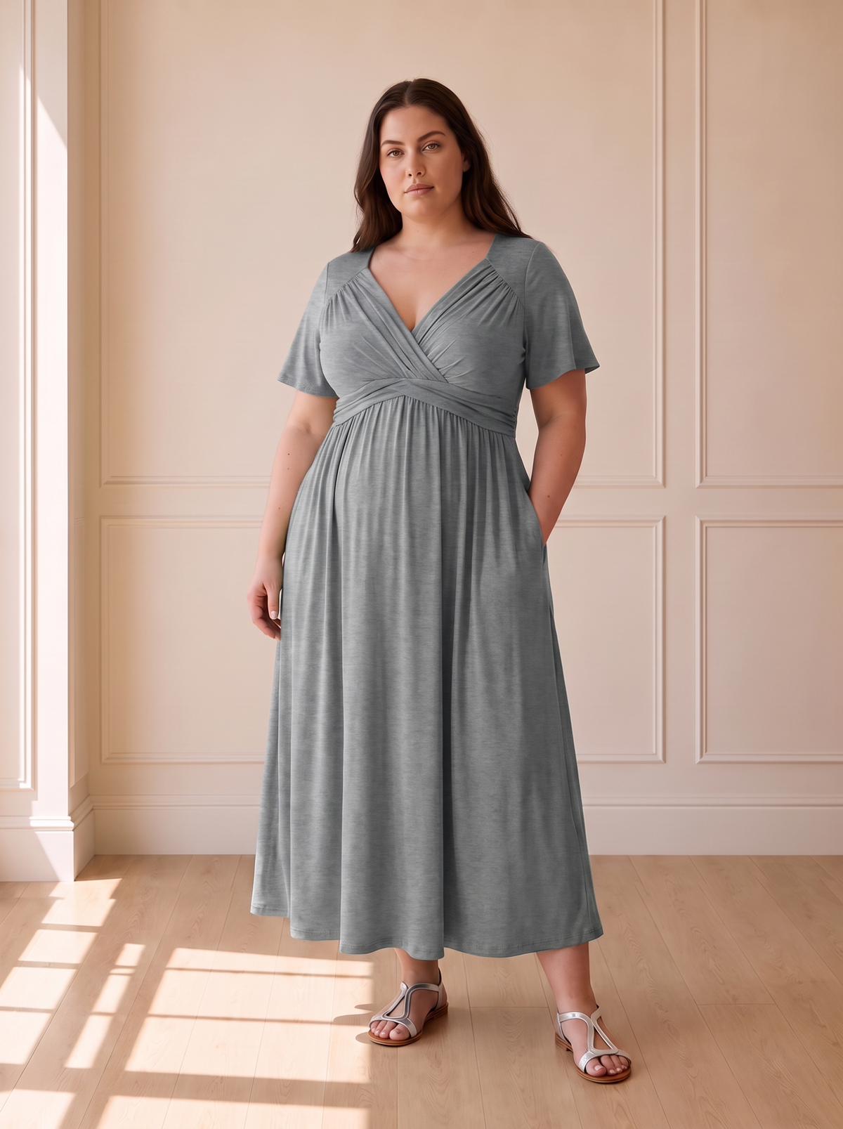Isadora A-line midi dress in gray, front view