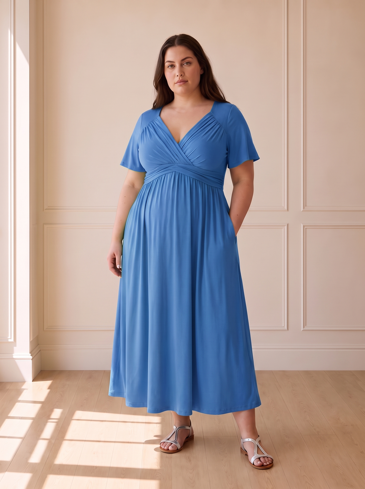 Isadora A-line midi dress in blue, front view