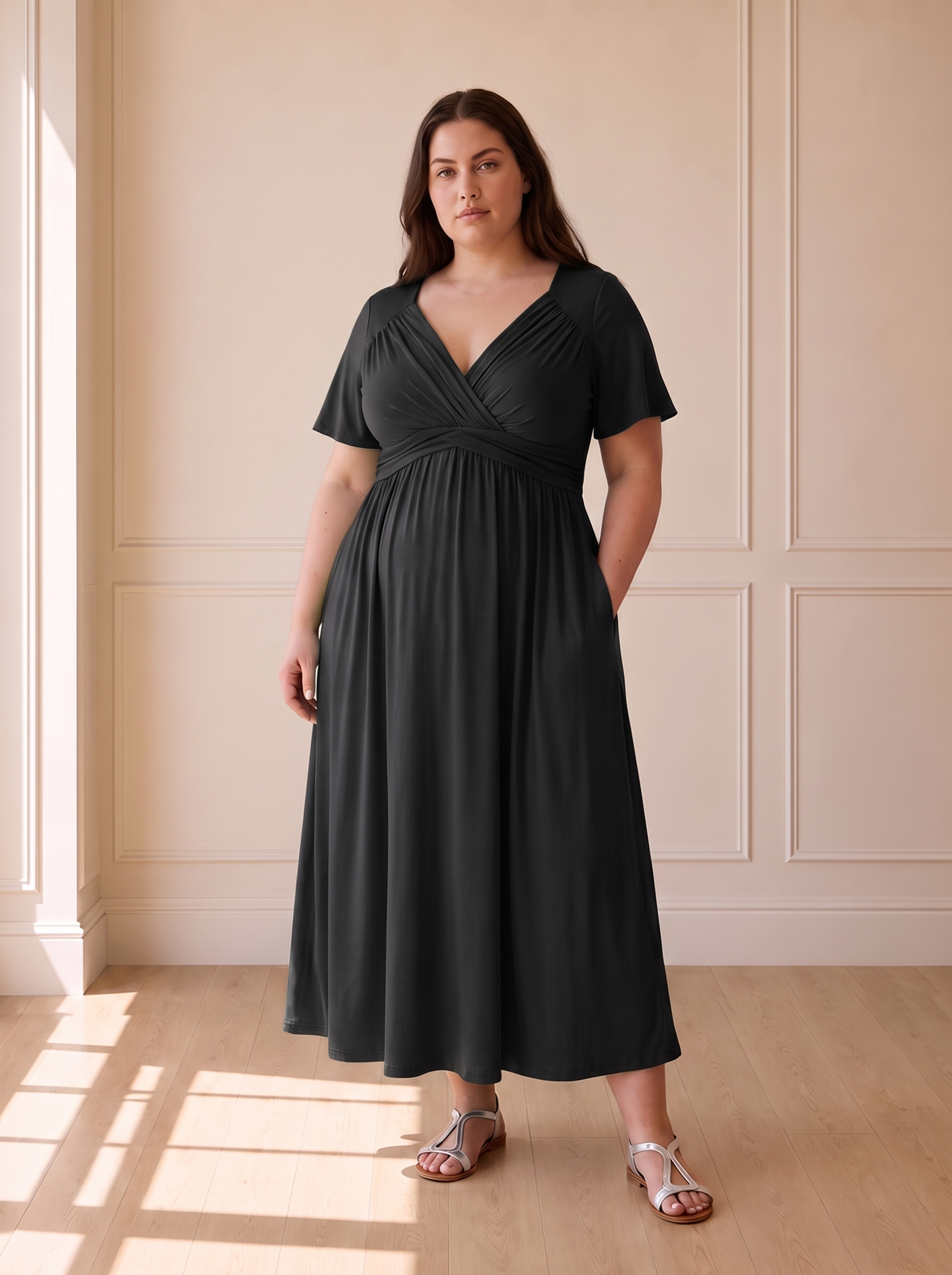 Isadora A-line midi dress in black, front view