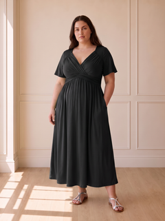 Isadora A-line midi dress in black, front view
