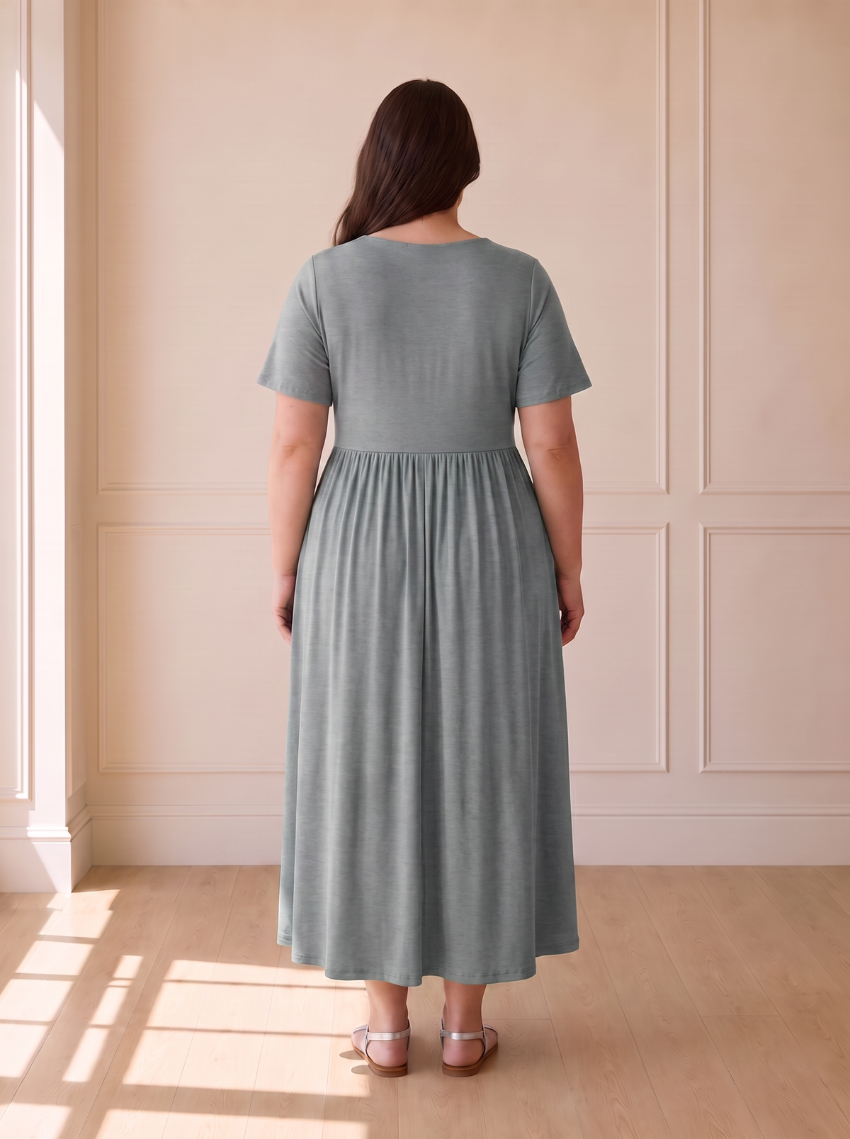 Isadora A-line midi dress in gray, back view