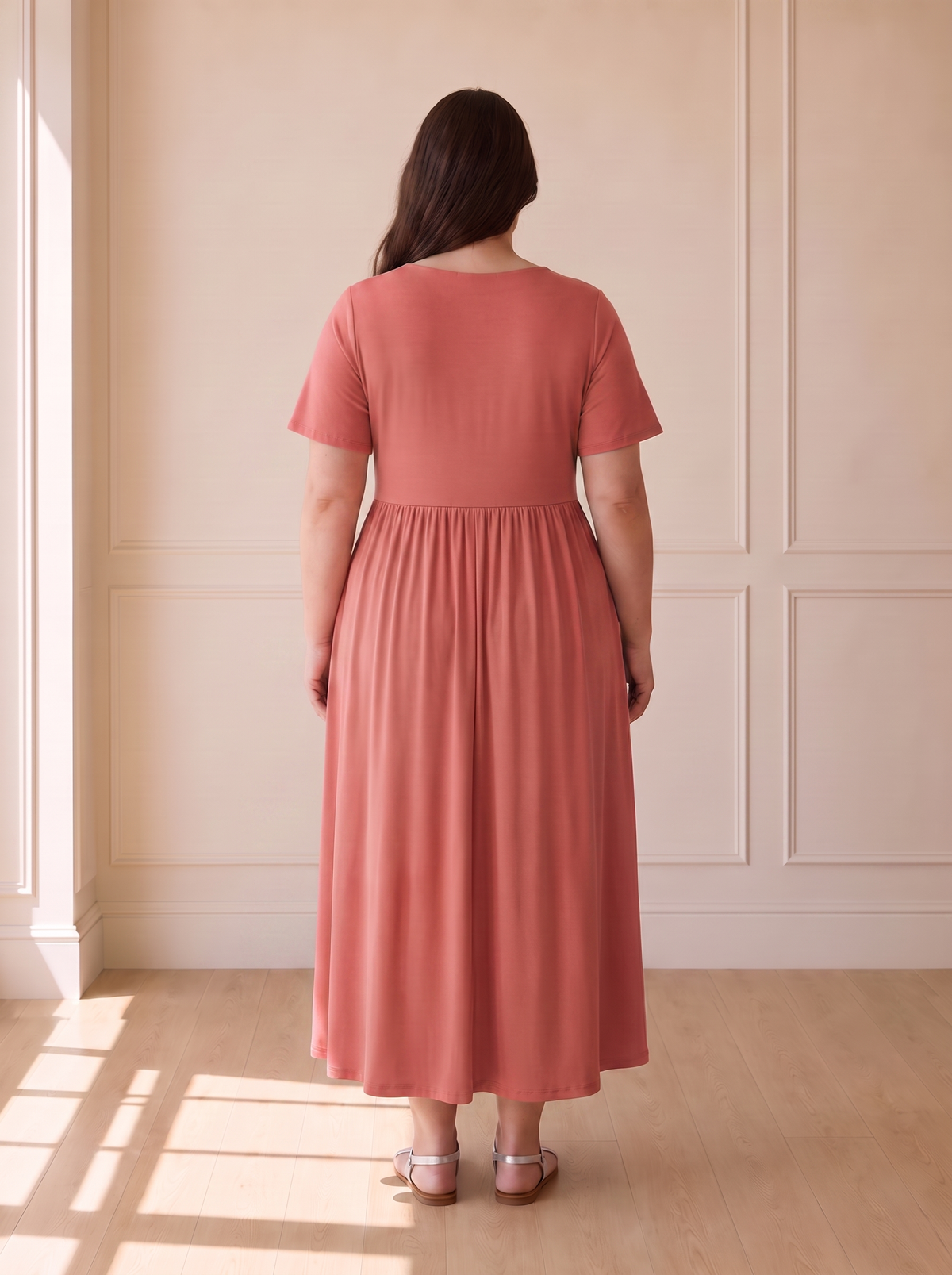 Isadora A-line midi dress in pink, back view