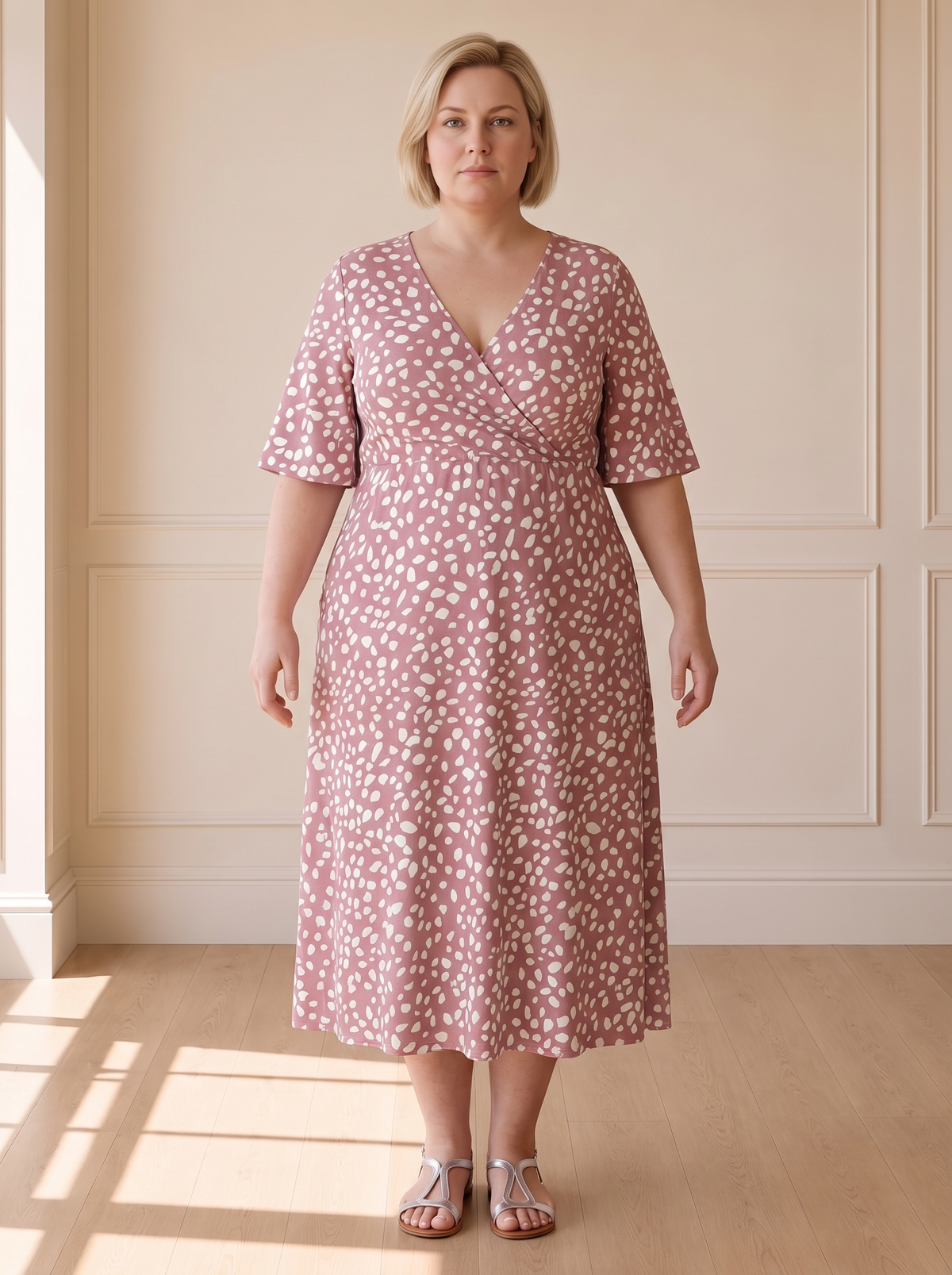 Colette polka dot midi dress in pink, front view