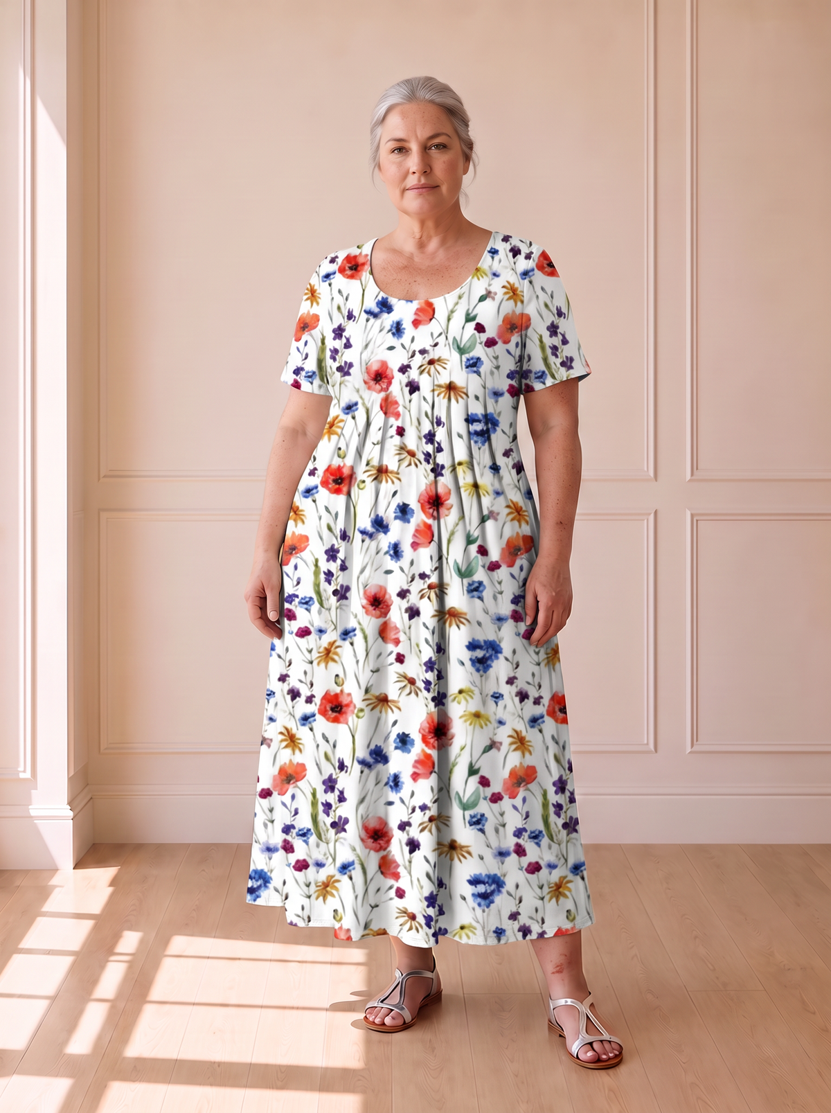 Georgina pleated A-line dress in red floral, front view