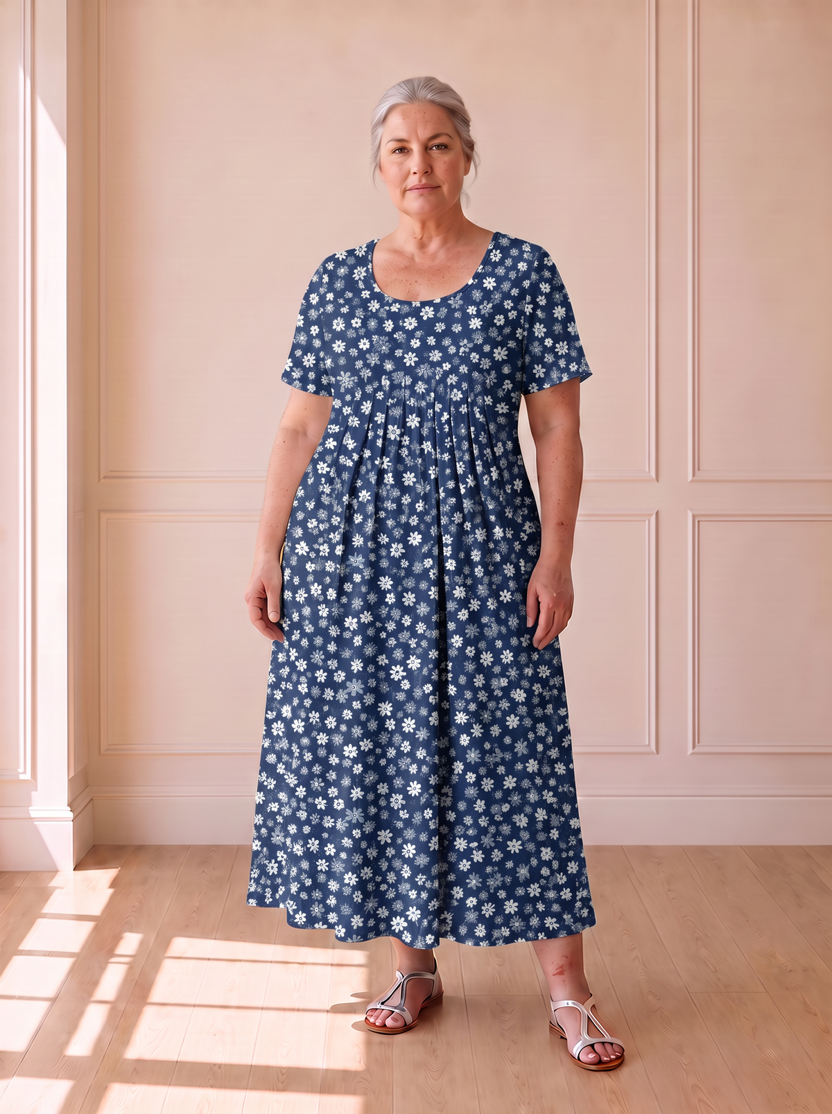 Georgina pleated A-line dress in blue floral, front view