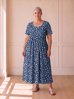 Georgina pleated A-line dress in blue floral, front view