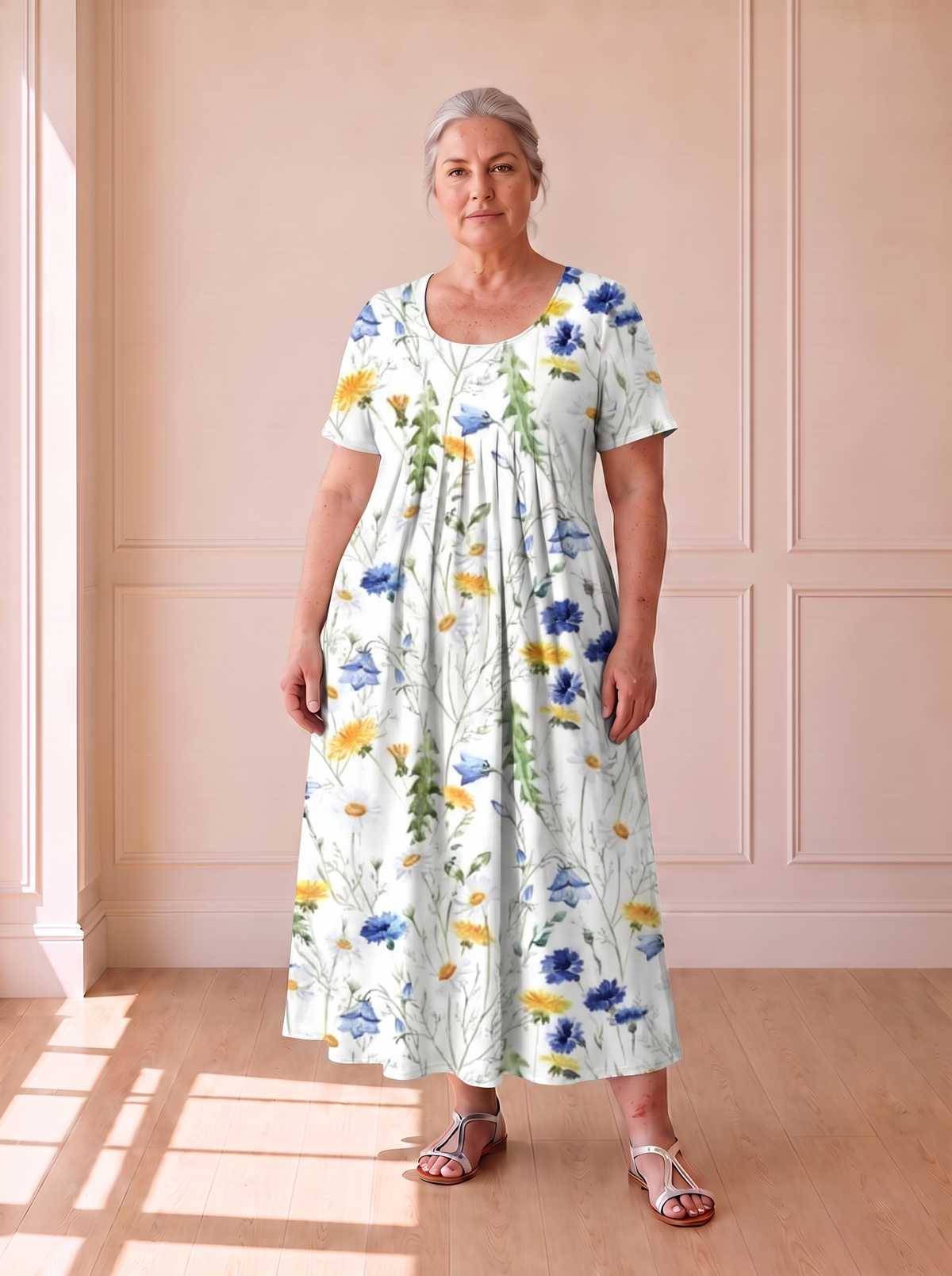 Georgina pleated A-line dress in yellow floral, front view