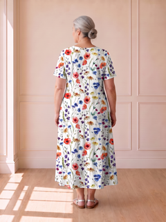 Georgina pleated A-line dress in red floral, back view