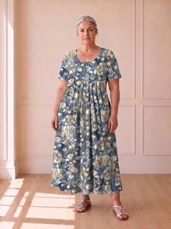 Georgina pleated A-line dress in light blue floral, front view