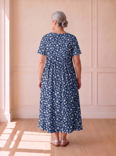 Georgina pleated A-line dress in blue floral, back view