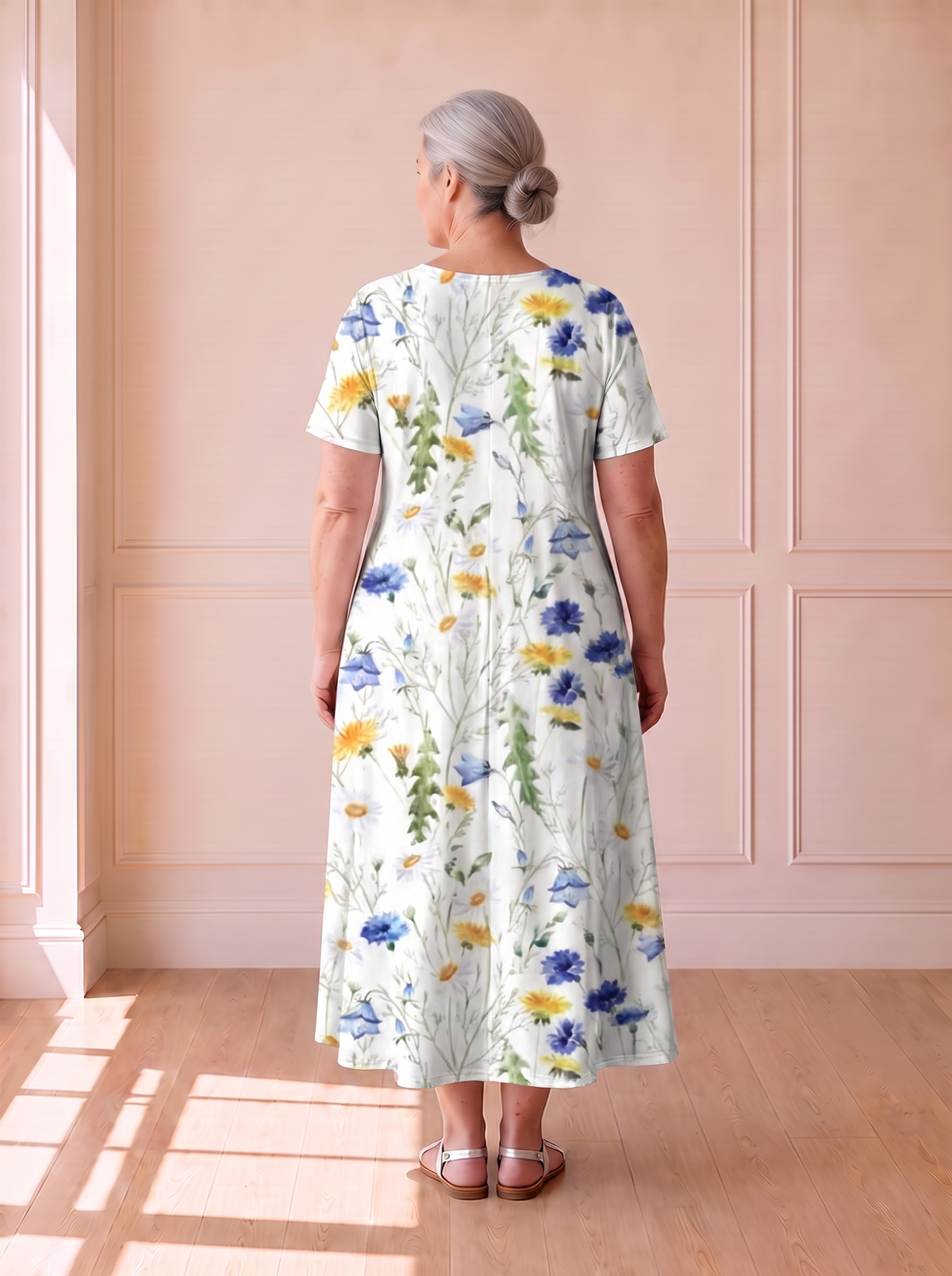 Georgina pleated A-line dress in yellow floral, back view