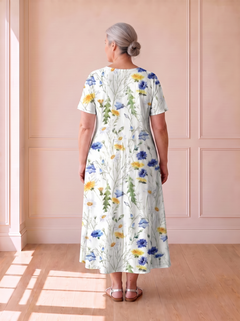 Georgina pleated A-line dress in yellow floral, back view