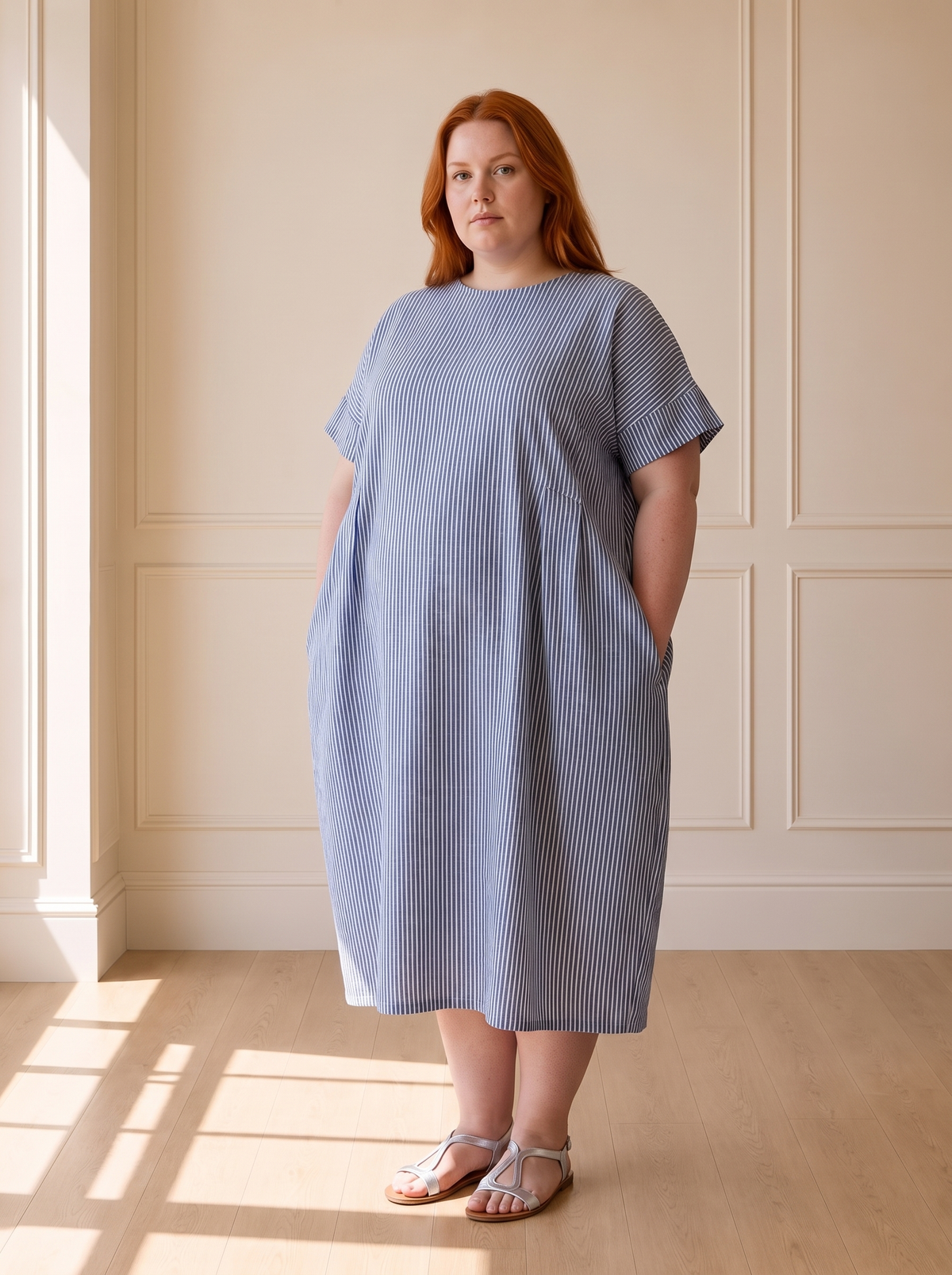 Susana striped cocoon midi dress in blue, front view, worn by a plus-size model