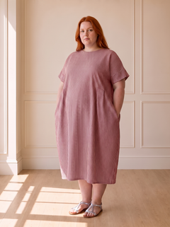Susana striped cocoon midi dress in red, front view, worn by a plus-size model