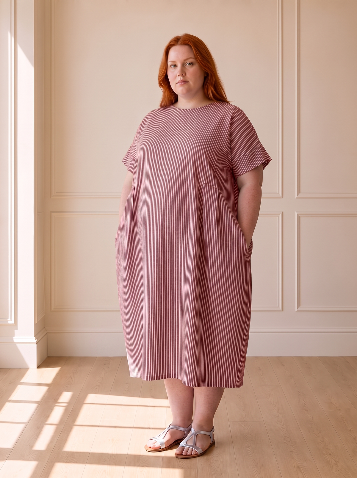Susana striped cocoon midi dress in red, front view, worn by a plus-size model