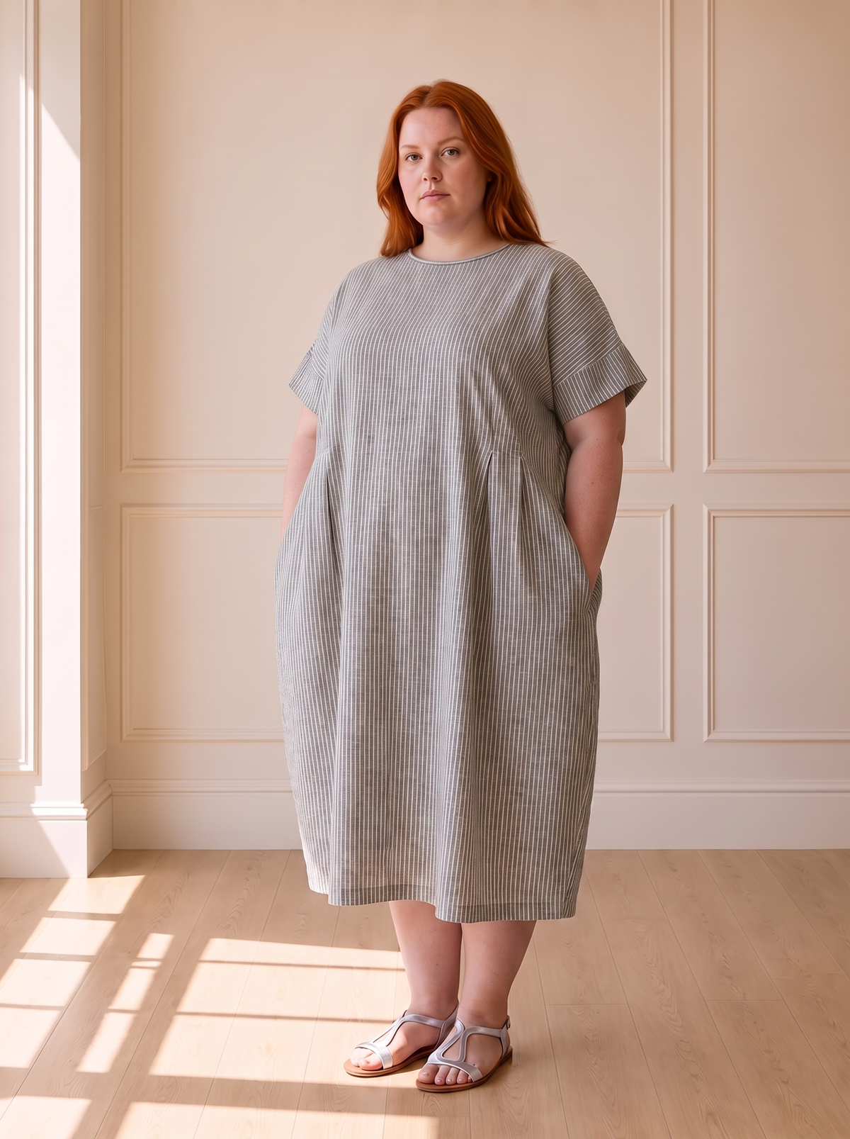 Susana striped cocoon midi dress in grey, front view, worn by a plus-size model