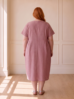 Susana striped cocoon midi dress in red, back view, worn by a plus-size model