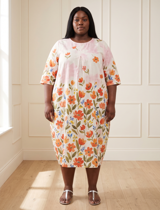 Leila floral cocoon midi dress in red, front view, worn by a plus-size model
