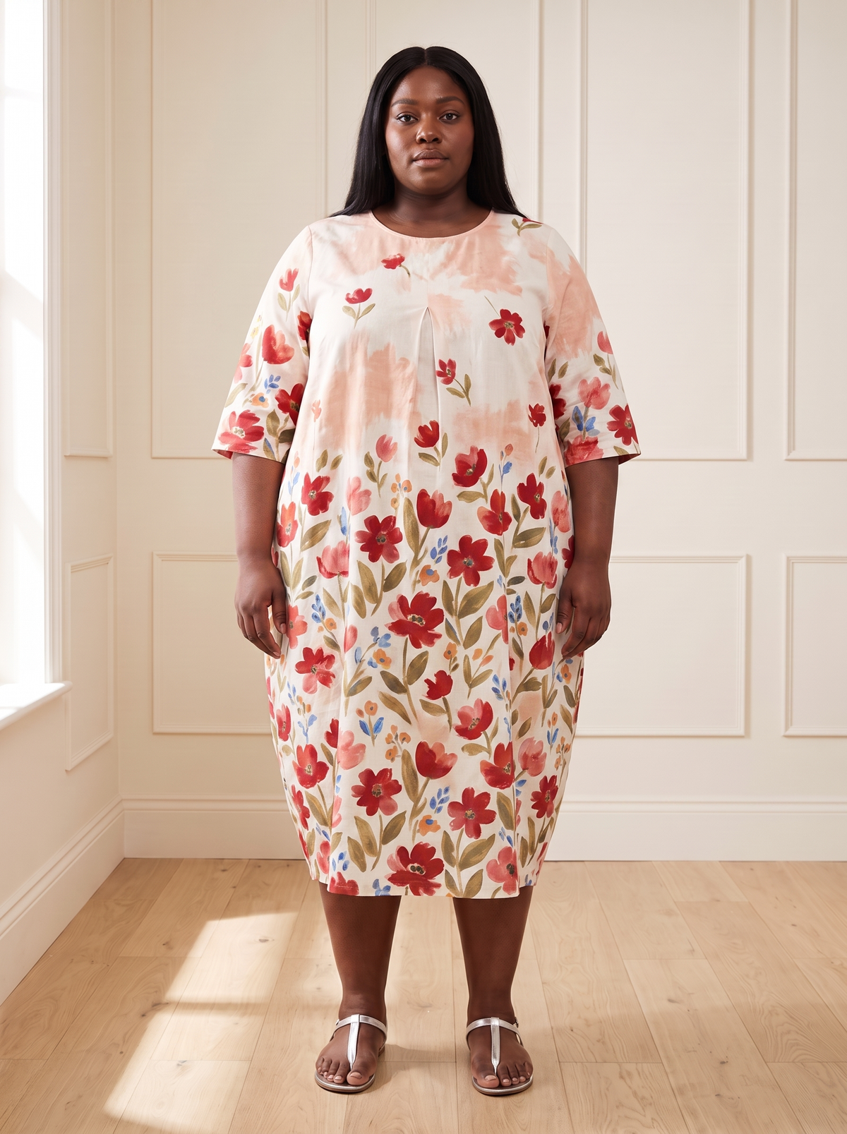 Leila floral cocoon midi dress in pink, front view, worn by a plus-size model