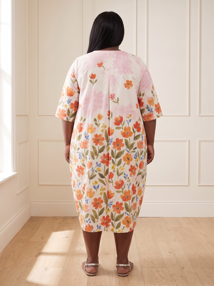 Leila floral cocoon midi dress in red, back view, worn by a plus-size model