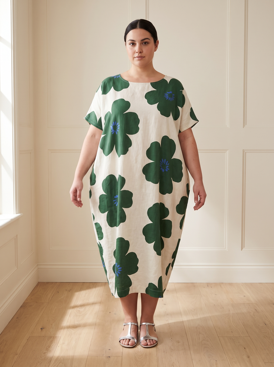 Lilia floral cocoon midi dress in green, front view, worn by a plus-size model