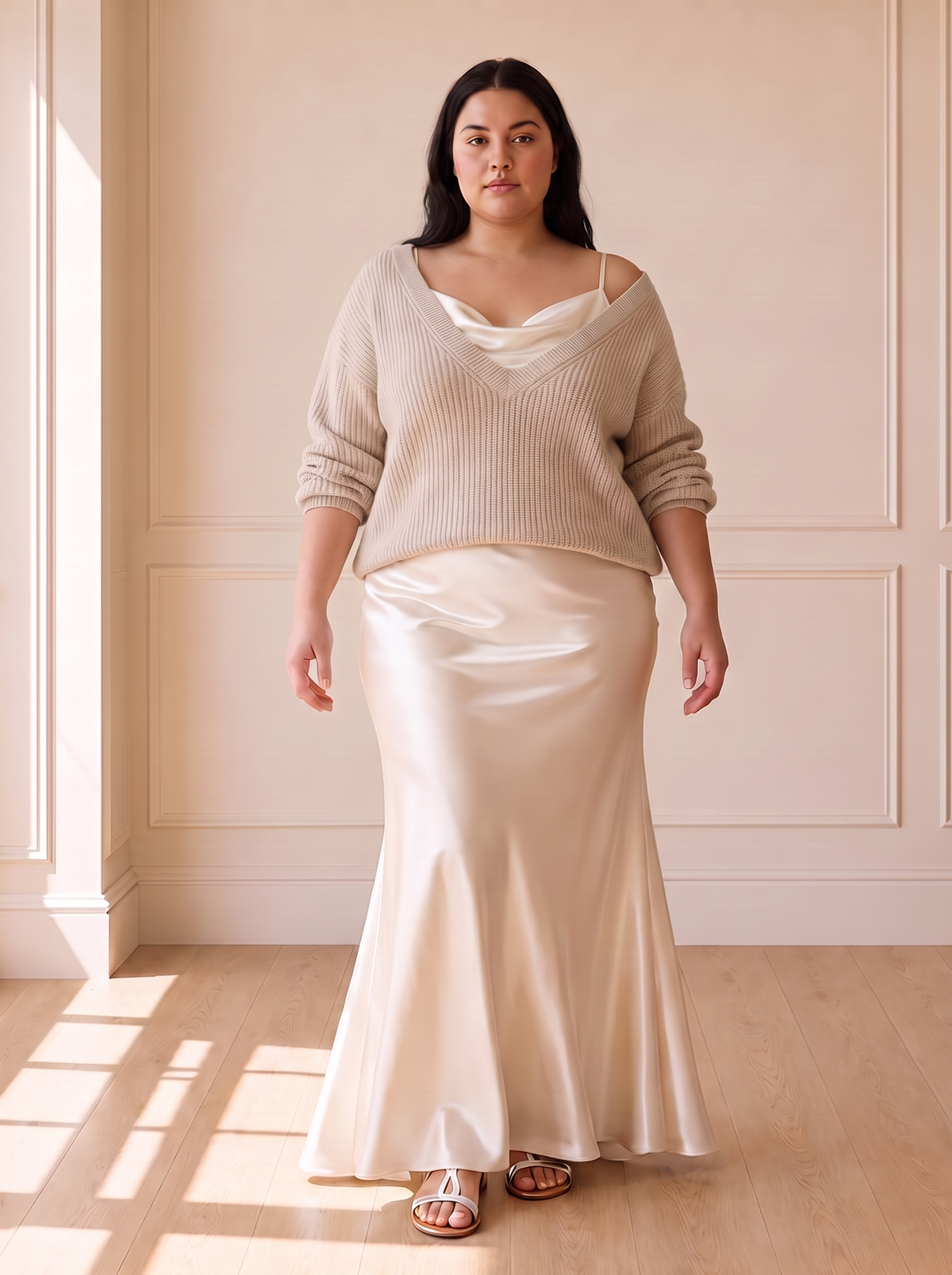 Alma Elegant Slip Dress in Beige, front view