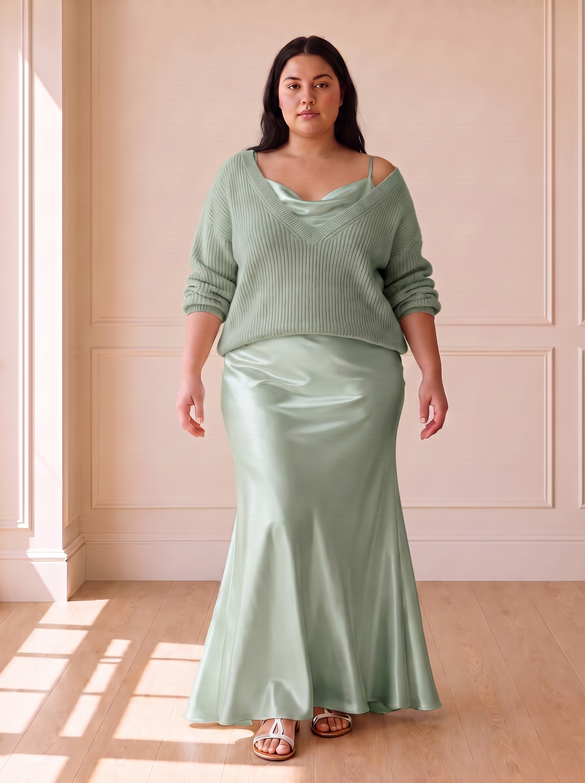 Alma Elegant Slip Dress in Green, front view