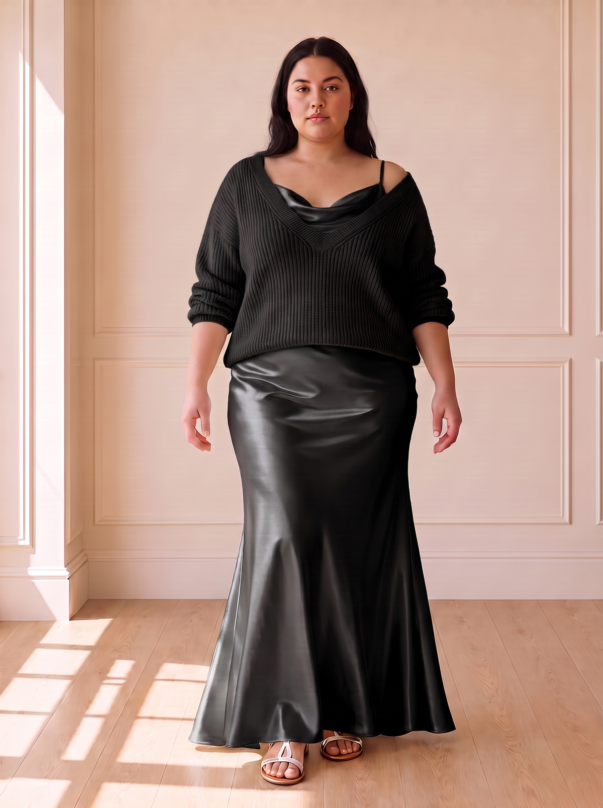 Alma Elegant Slip Dress in Black, front view