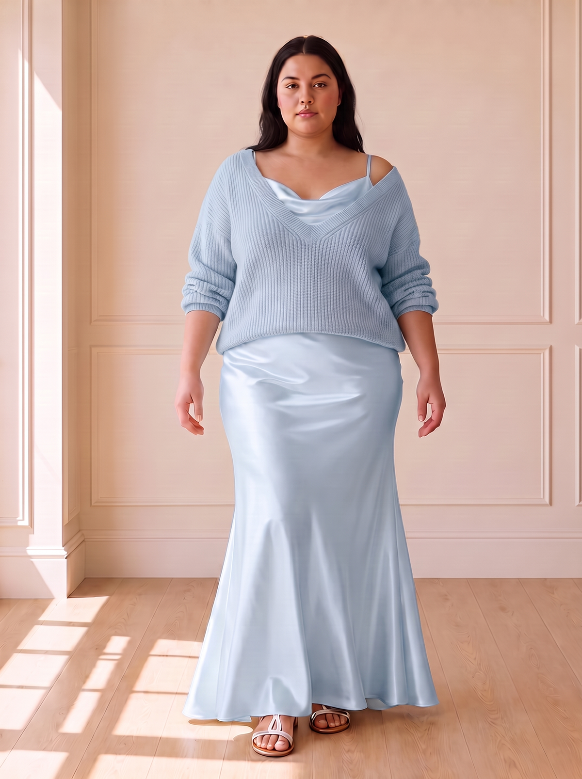 Alma Elegant Slip Dress in Blue, front view