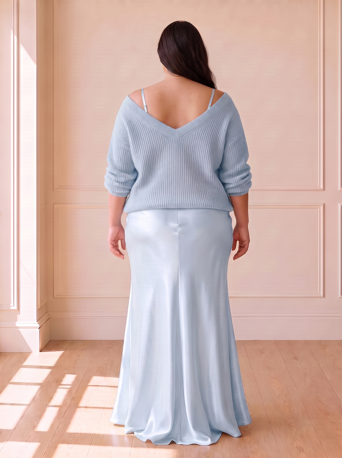 Alma Elegant Slip Dress in Blue, back view
