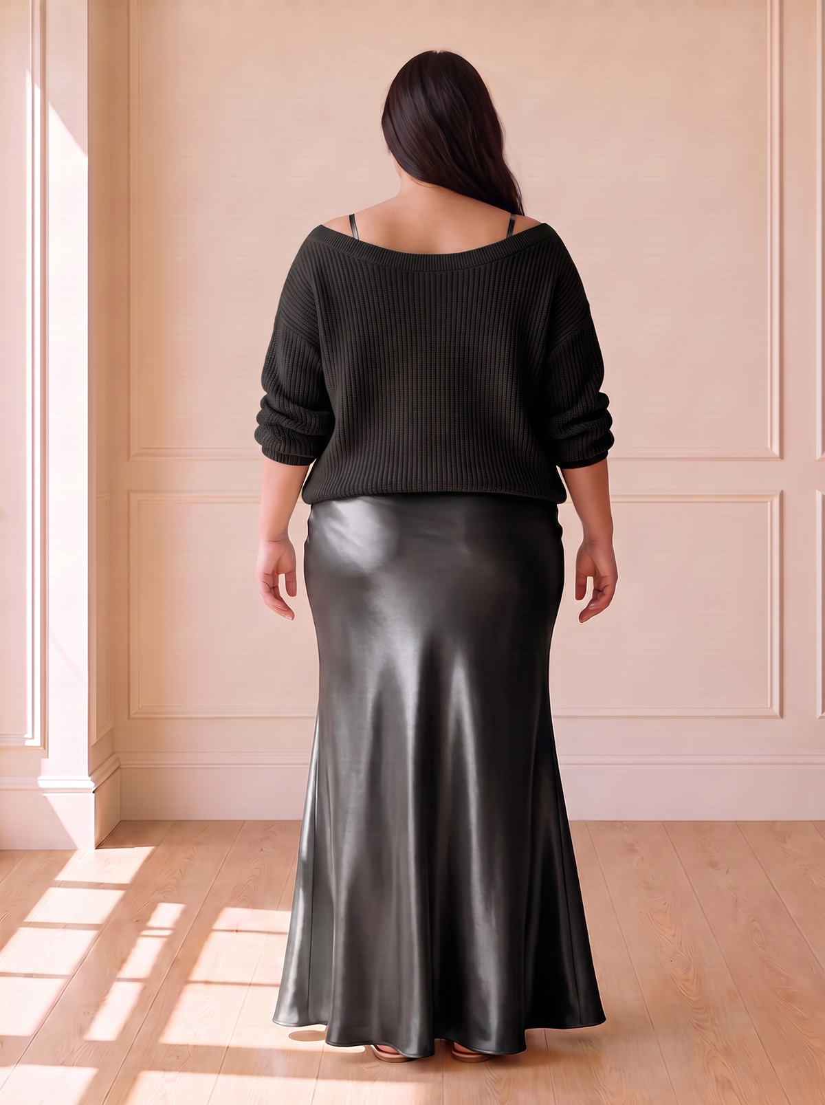 Alma Elegant Slip Dress in Black, back view