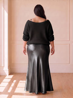 Alma Elegant Slip Dress in Black, back view