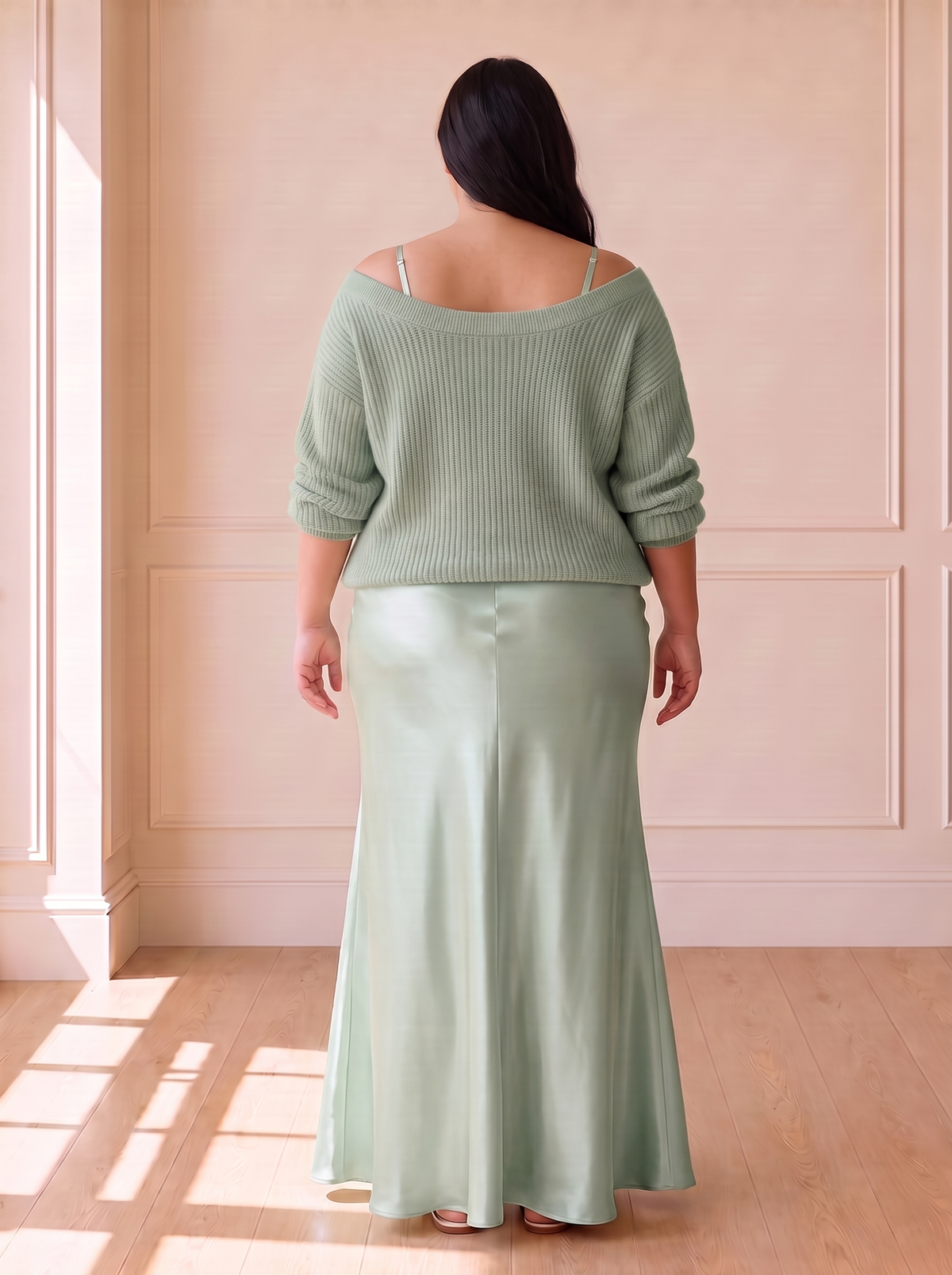 Alma Elegant Slip Dress in Green, back view