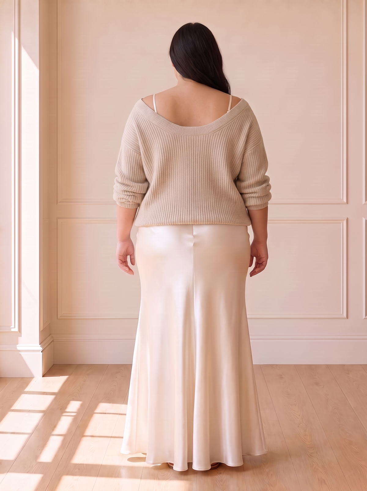 Alma Elegant Slip Dress in Beige, back view