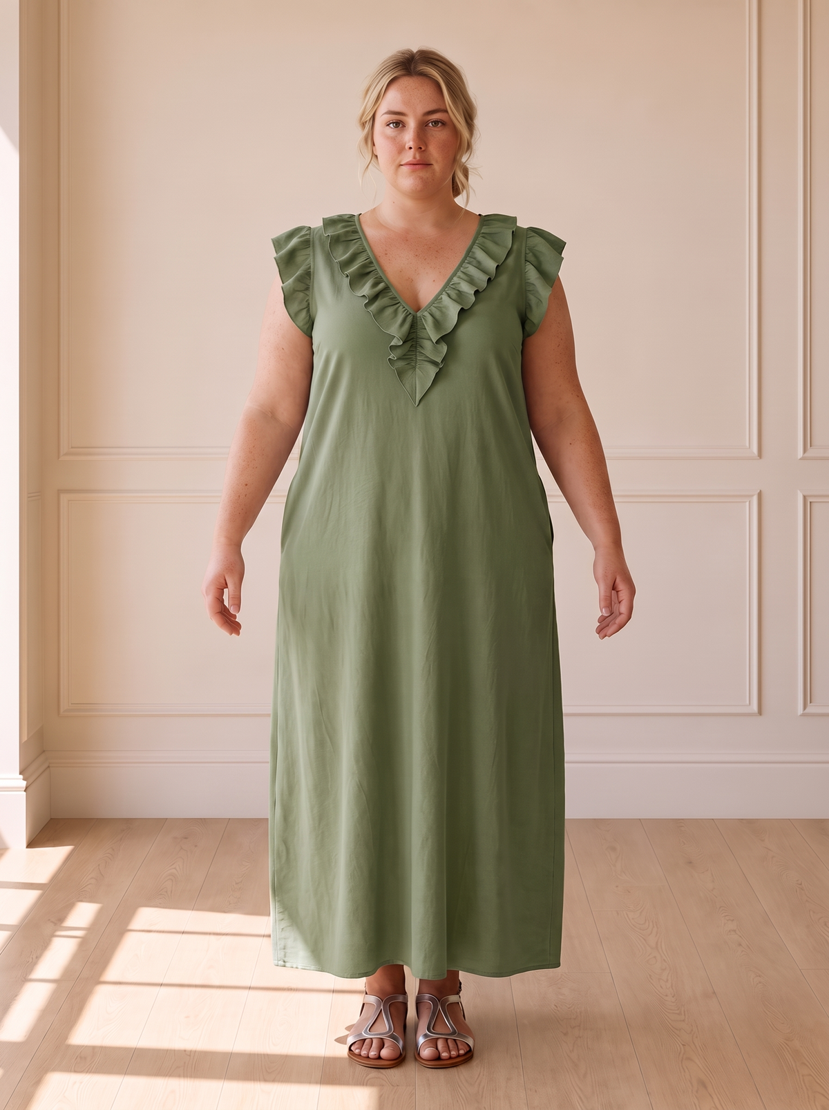 Élina Flowing Boho Dress in Green, front view
