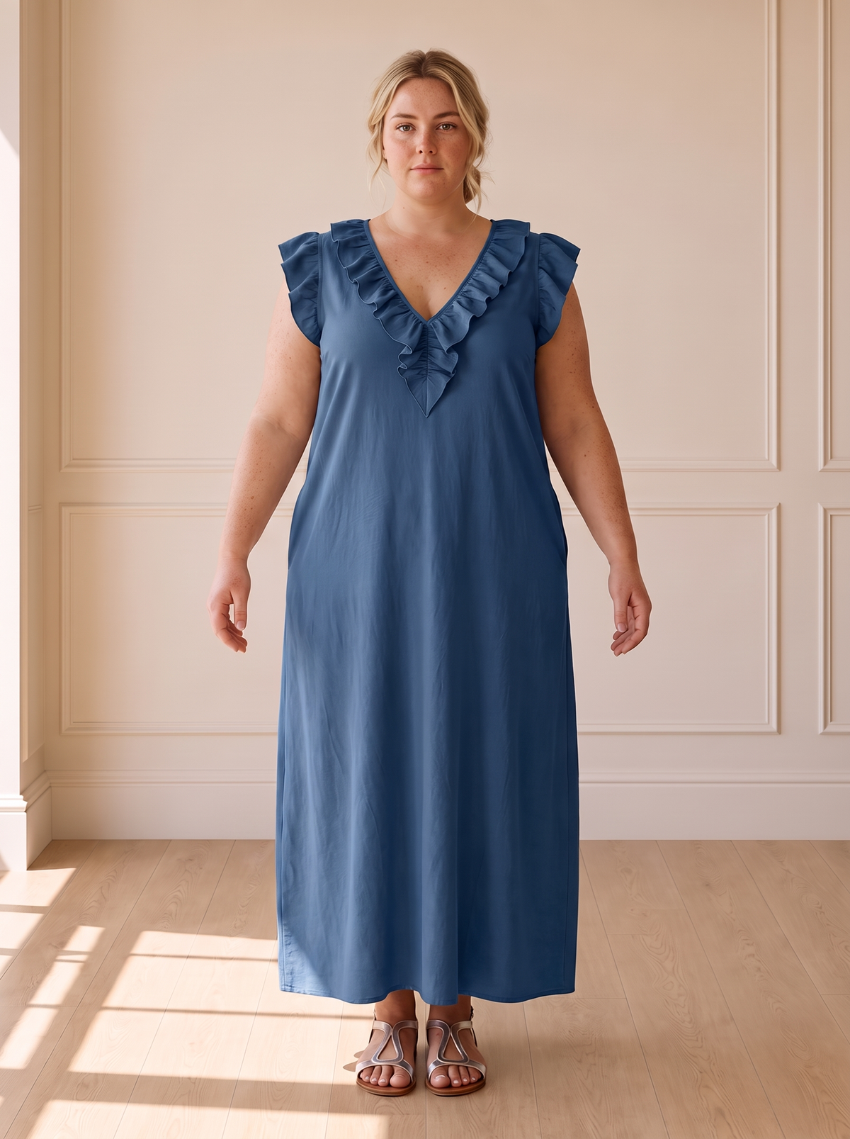 Élina Flowing Boho Dress in Blue, front view